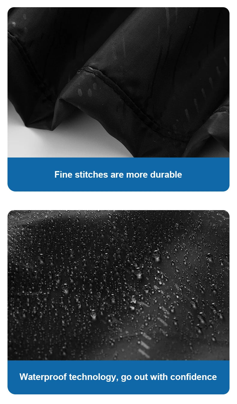 Text on waterproof fabric with fine stitches and water droplets, emphasizing durability and waterproof technology.